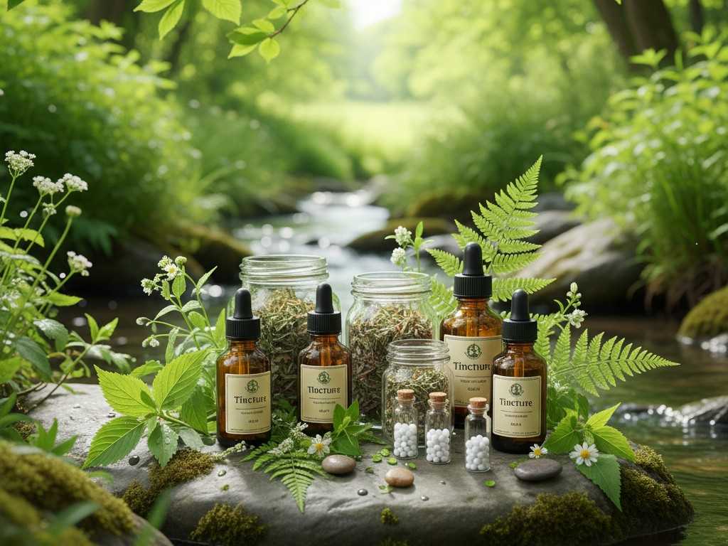 Natürliche Heilmittel - Homöopathie und Pflanzenkraft im Einklang mit der Natur Homöopathische Arzneien in Glasfläschchen auf Moos Bett - Symbol für natürliche Heilmethoden