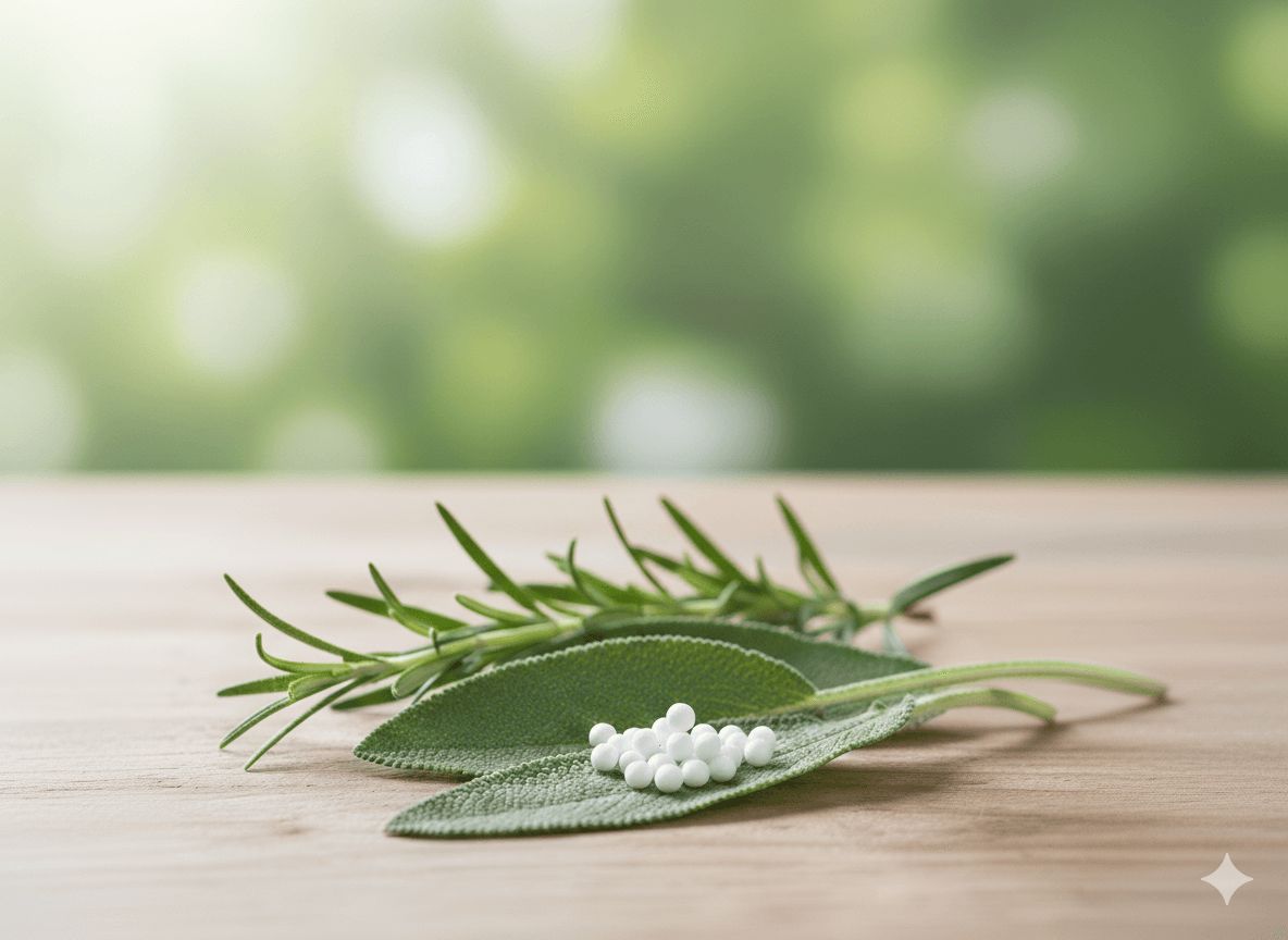 Biologische Begleittherapie – sanfte Unterstützung neben schulmedizinischer Behandlung Grüne Heilpflanze mit weißen Blüten auf Holz – Symbol für biologische Begleittherapie in der Naturheilkunde