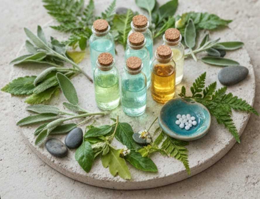 Ganzheitlich behandeln – mit naturheilkundlicher Erfahrung und wissenschaftlicher Diagnostik Glasfläschchen mit naturheilkundlichen Essenzen zwischen Blättern und Steinen – Symbol für ganzheitliche Diagnostik