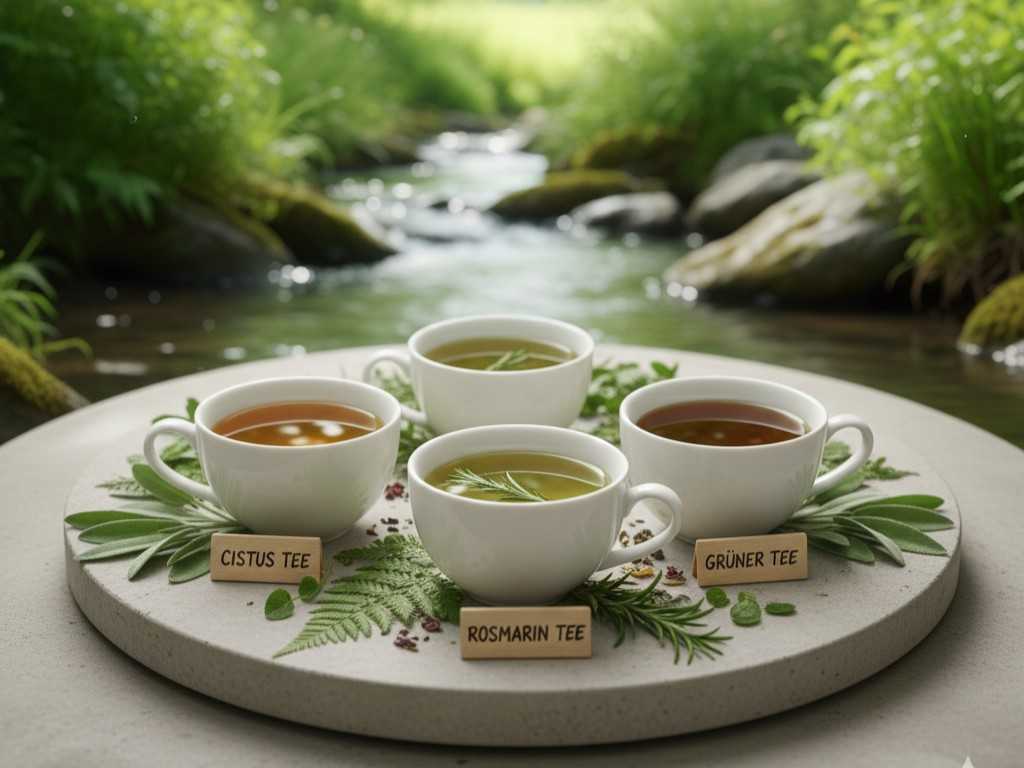 Kräuterteevielfalt – sanfte Begleiter bei Schmerzen und zur Förderung des Wohlbefindens Tablett mit vier Sorten Kräutertee – natürliche Unterstützung bei akuten Beschwerden und zur Entspannung