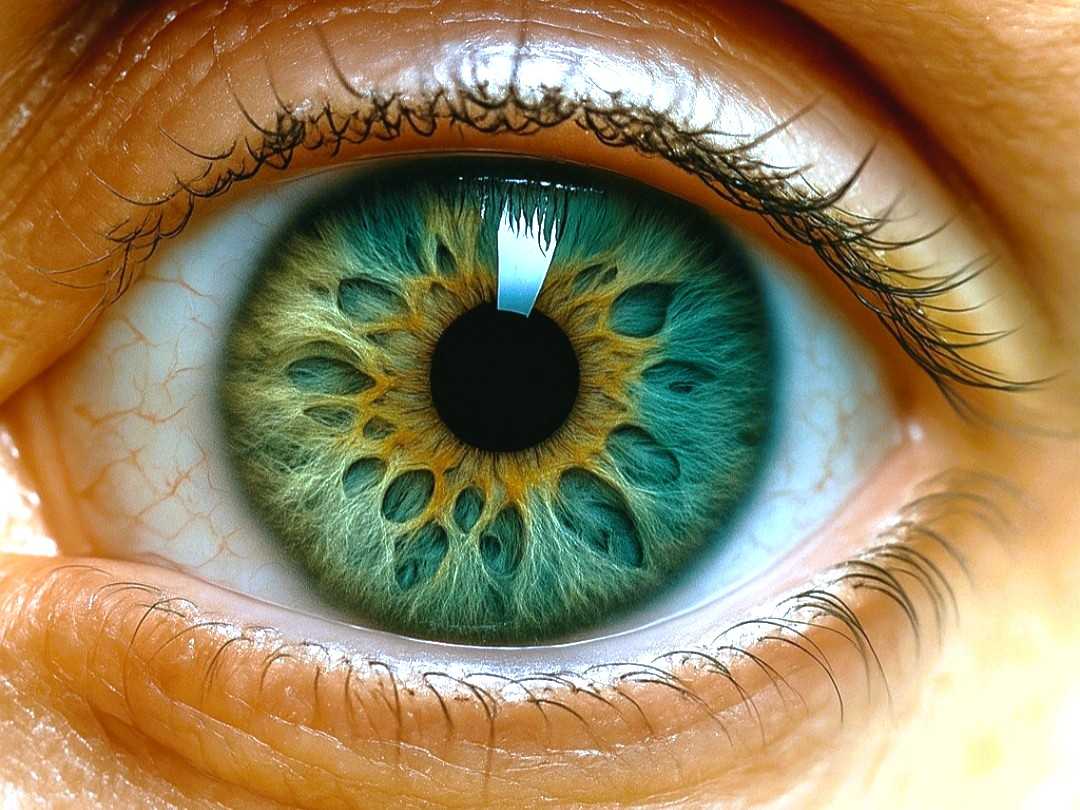 Die Iris spricht – Ursachen erkennen, bevor sie im Blutbild sichtbar werden Grüne Iris mit feinen Strukturen – visuelle Hinweise auf den Zustand von Bindegewebe, Organen und Stoffwechsel