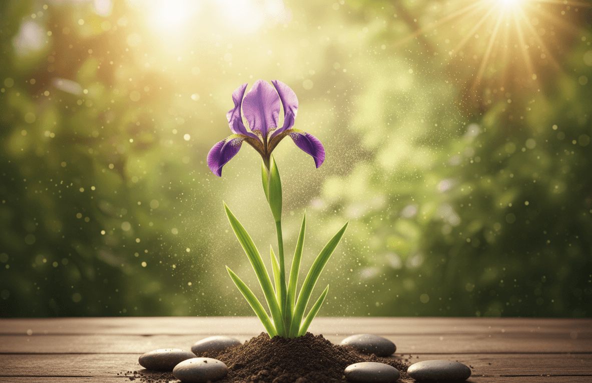 Homöopathie mit Wirkung - sanfte Hilfe bei Beschwerden der Wirbelsäule und Gelenke Violette Blüte im Tontopf auf Holz - Symbol für die Sanfte Wirkung der Homöopathie bei Rücken- und Gelenkbeschwerden