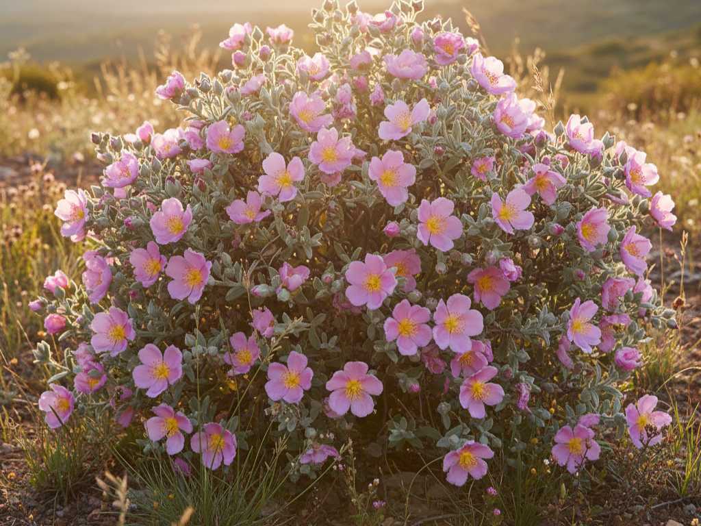 Die rosa blühende grauhaarige Zistrose Cistus incanus im warmen Abendlicht Cistus incanus buschig wachsend mit vielen zartrosa Blüten im Sonnenuntergang auf einer Wiese
