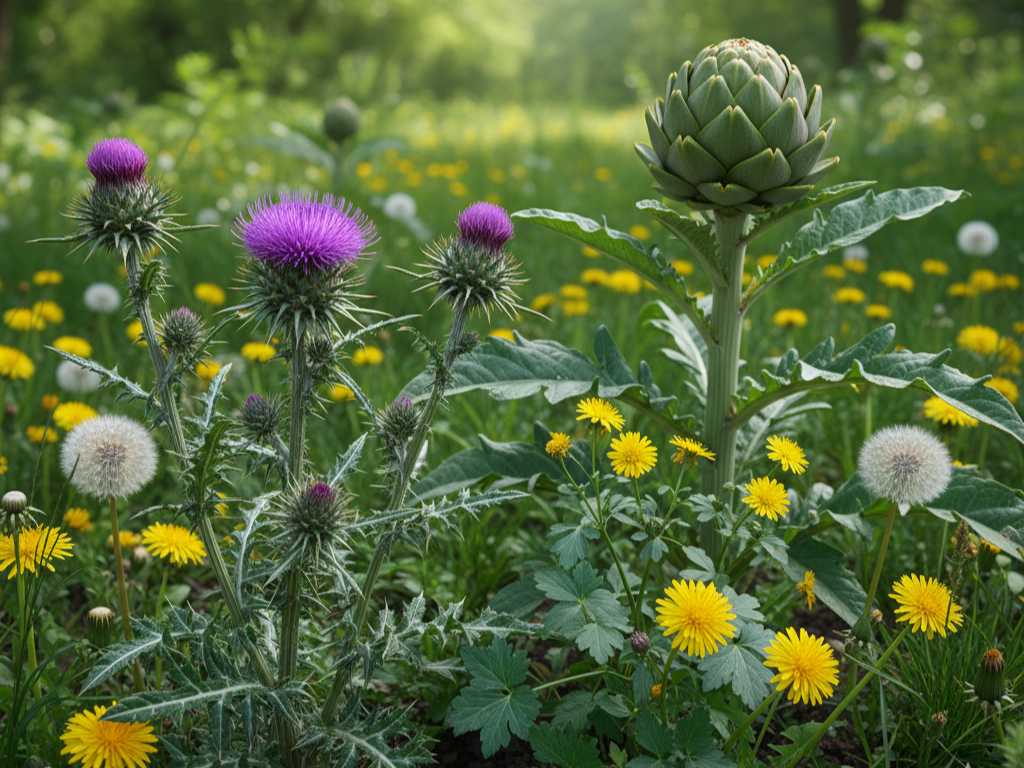 Heilpflanzen für die Leber: Mariendistel, Artischocke und Löwenzahn im Frühling Mariendistel mit violetter Blüte und Artischocke neben gelbem Löwenzahn auf einer Kräuterwiese