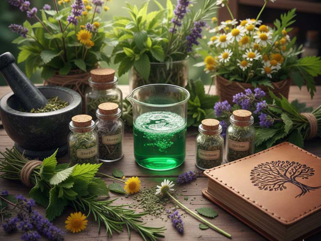 Kräuter und Tinkturen für die Phytotherapie und natürliche Organregulation Arrangement zur Phytotherapie mit frischen Kräutern, Mörser, getrockneten Heilpflanzen in Fläschchen und einem Laborglas