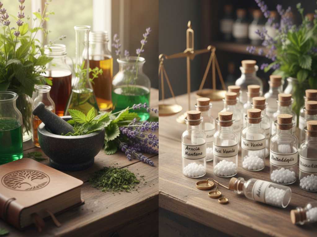 Vergleich von Phytotherapie und Homöopathie: Heilmethoden der Naturheilkunde Collage mit Phytotherapie (Mörser, Kräuter, Tinkturen) links und Homöopathie (Globuli-Fläschchen, Waage) rechts