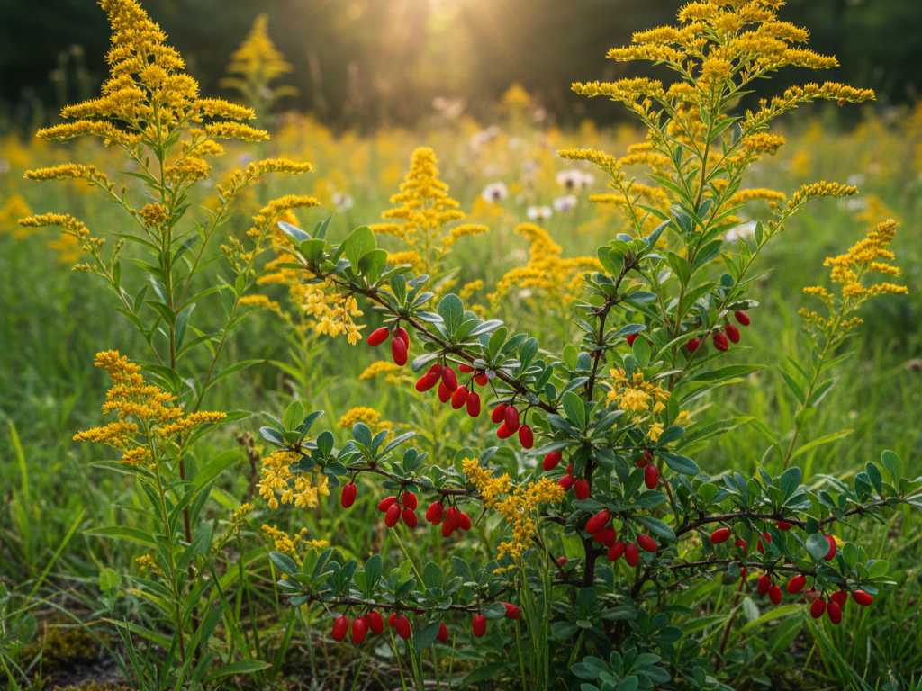 Heilpflanzen für Harnwege und Leber: Goldrute und Berberitze im Spätsommer Gelbe Goldrute (Solidago) blüht neben einem Berberitzenstrauch (Berberis vulgaris) mit knallroten Beeren im Abendlicht