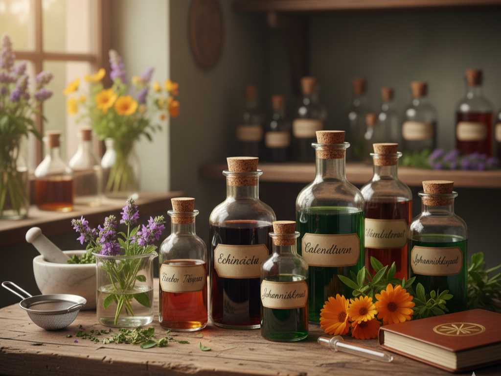 Urtinkturen als Basis der Phytotherapie zur Herstellung von pflanzlichen Arzneimitteln Auswahl von Urtinkturen in braunen und grünen Apothekerflaschen mit Korken, darunter Echinacea, Johanniskraut und Calendula.