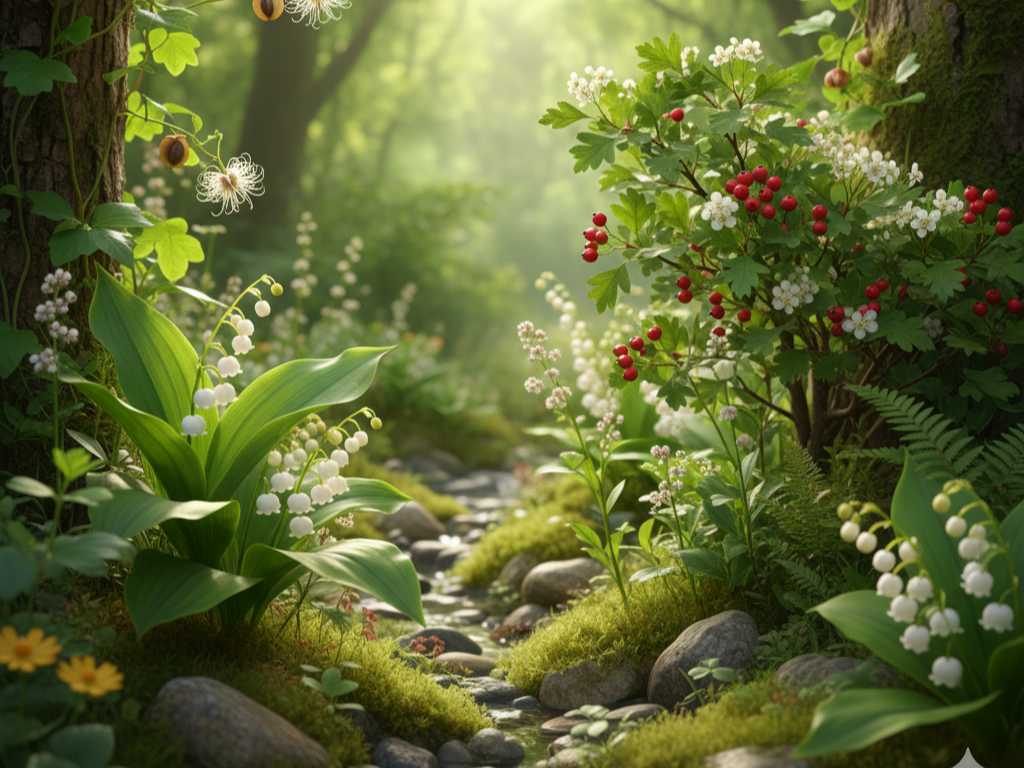 Heilkräuter für das Herz: Weißdorn und Maiglöckchen in einer lichten Waldszene Ein Waldboden mit Maiglöckchen (Convallaria majalis) und ein Weißdornstrauch (Crataegus) mit roten Beeren und weißen Blüten