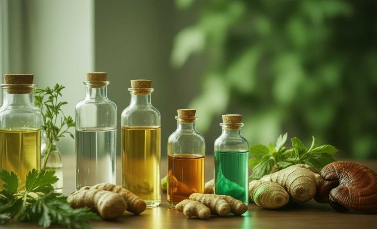 Kleine Glasfläschchen mit bunten Kräuterextrakten, umgeben von frischen Wurzeln und Heilpflanzen auf Holzuntergrund.