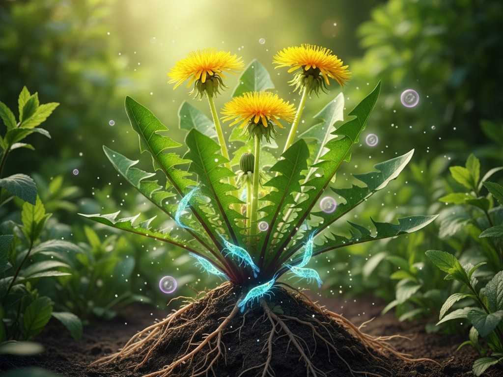 Detailaufnahme eines blühenden Löwenzahns mit sichtbarem Wurzelsystem und leuchtenden magischen Elementen