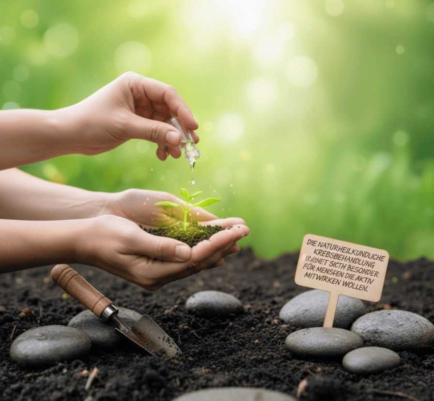 Biologische Krebstherapie: Wissenschaft trifft Natur Hände pflanzen grünes Keimblatt neben kleinem Holzschild und Steinen im Gartenboden