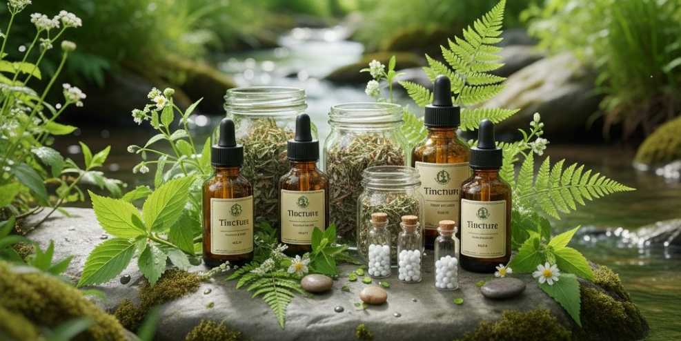 Homöopathische Arzneien in Glasfläschchen auf Moos Bett - Symbol für natürliche Heilmethoden