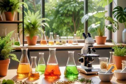 Labor mit Mikroskop, Erlenmeyerkolben mit Pflanzenextrakten und grünen Pflanzen im Tageslicht