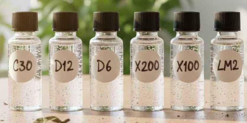 Glasfläschchen mit homöopathischen Potenzen auf Holztisch mit Pflanze im Hintergrund