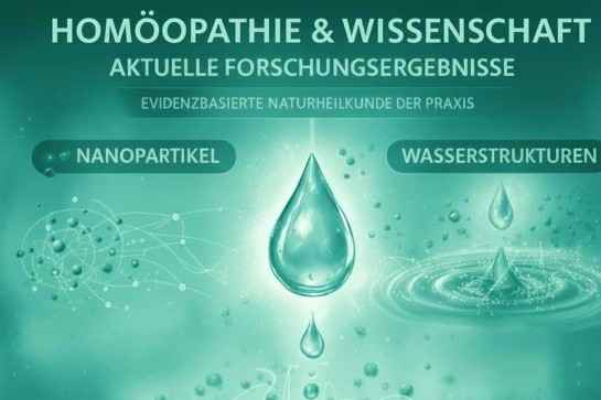 Illustration zur Verbindung von Homöopathie und Wissenschaft, die die Konzepte 