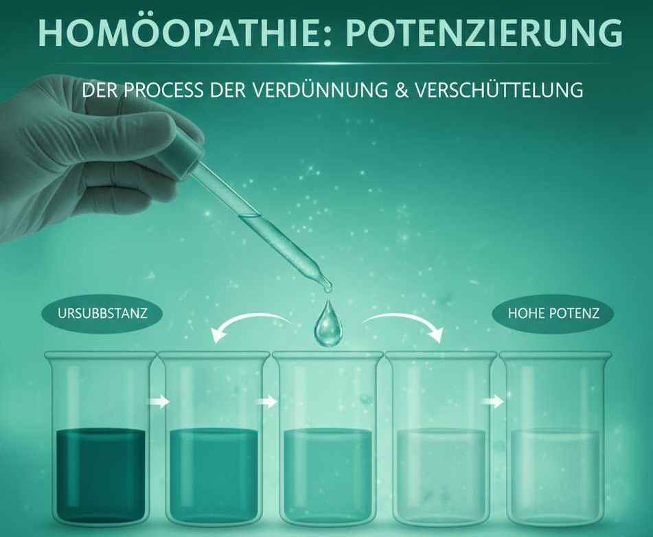 Infografik zur homöopathischen Potenzierung: Fünf Gläser zeigen den Verdünnungsprozess von der Ursubstanz zur hohen Potenz
