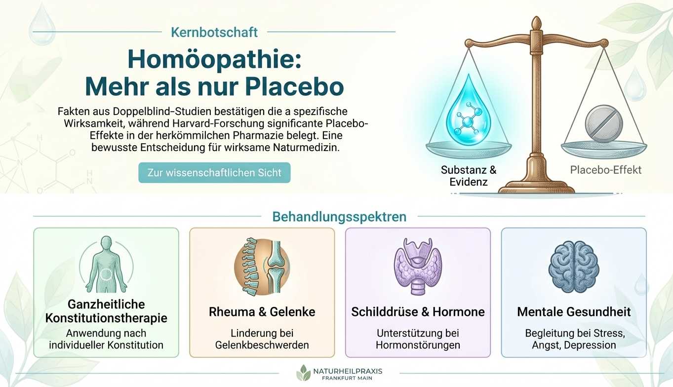 Infografik zu Homöopathie-Wirksamkeit und Behandlungsschwerpunkten der Naturheilpraxis H. Balzer Frankfurt