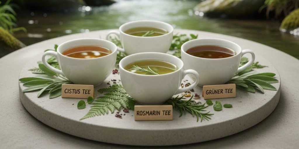 Pflanzenheilkunde zur Organstärkung, Entgiftung und Hormonregulation Vier verschiedene Kräutertees auf Holztablett - Phytotherapie Frankfurt