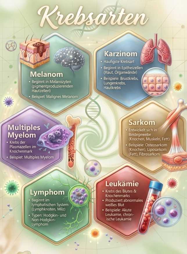 Eine hell gestaltete Infografik mit dem Titel „Krebsarten“, die in abgerundeten, farbigen Waben verschiedene Kategorien wie Melanom, Karzinom, Sarkom, Leukämie, Lymphom und Multiples Myelom mit kurzen Erklärungen darstellt. Das Design ist in sanften Grün- und Goldtönen gehalten und mit dezenten Pflanzenmotiven hinterlegt.