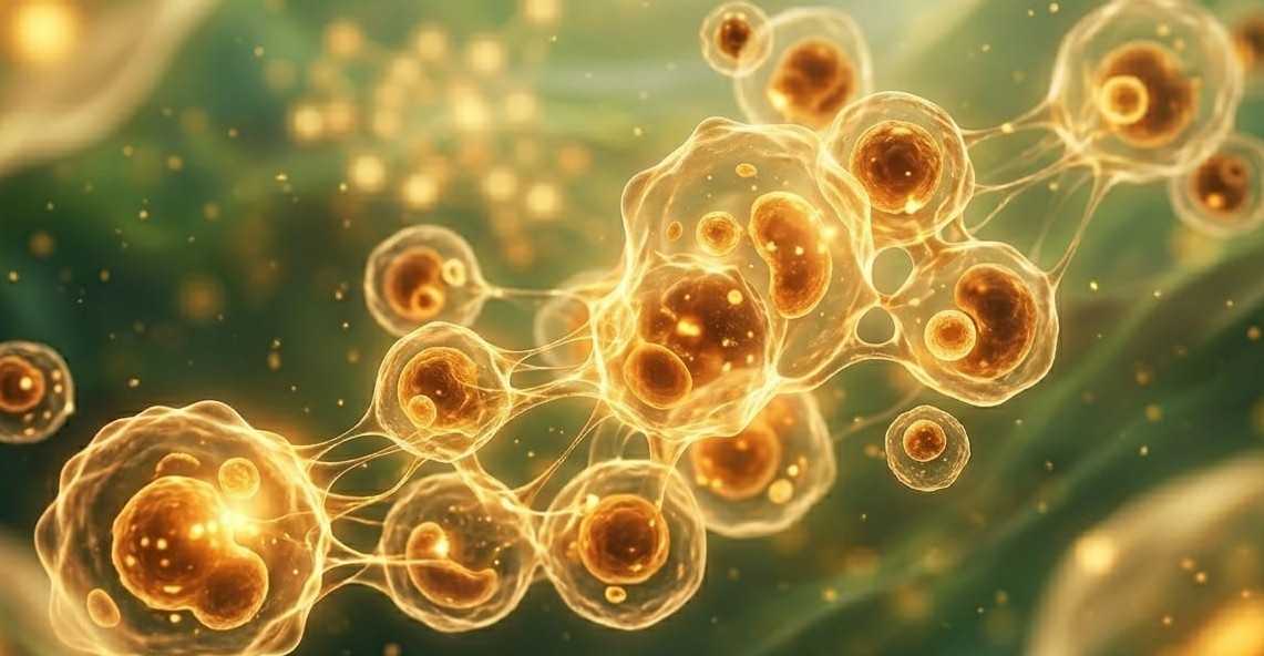 Mikroskopische Darstellung goldfarbener Zellen – Visualisierung der biologischen Zellunterstützung in der Naturheilpraxis Praunheim.