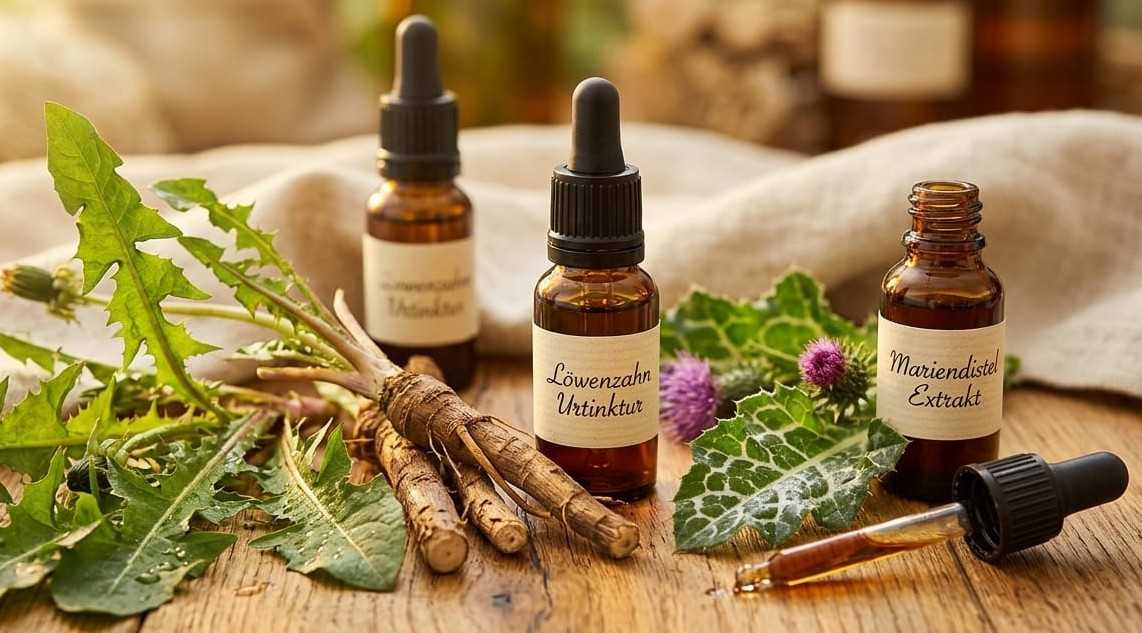 Löwenzahn-Urtinktur und Mariendistel-Extrakt auf einem Holztisch als Teil der komplementären Krebstherapie in Frankfurt Praunheim.